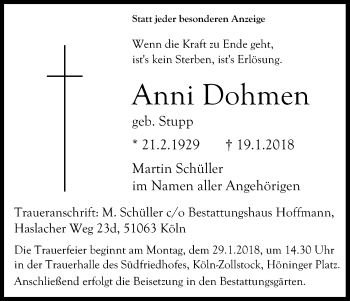 Anzeige von Anni Dohmen von Kölner Stadt-Anzeiger / Kölnische Rundschau / Express