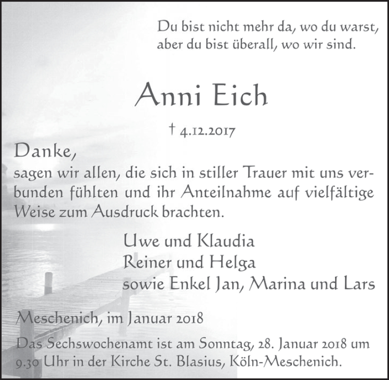  Traueranzeige für Anni Eich vom 17.01.2018 aus  Schlossbote/Werbekurier 
