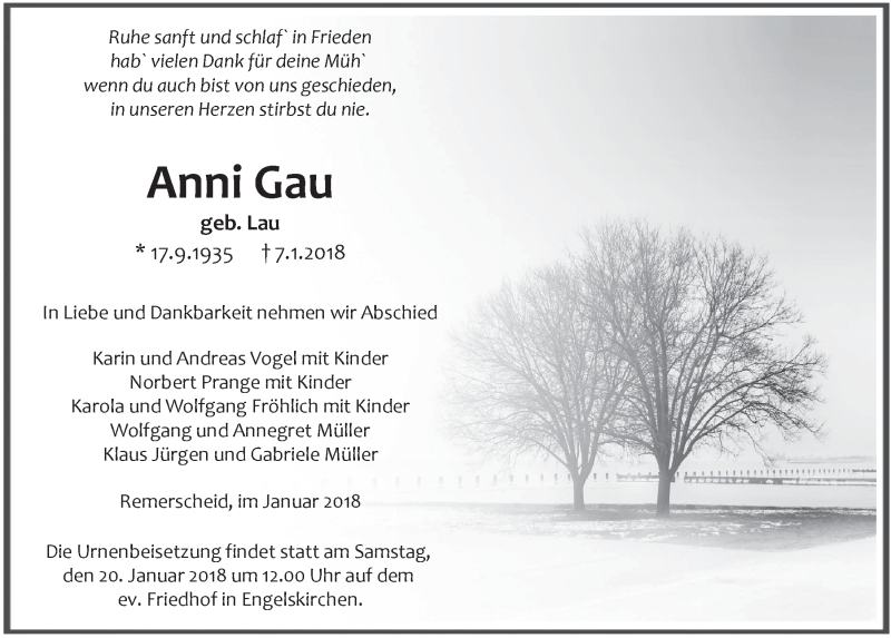  Traueranzeige für Anni Gau vom 17.01.2018 aus  Anzeigen Echo 