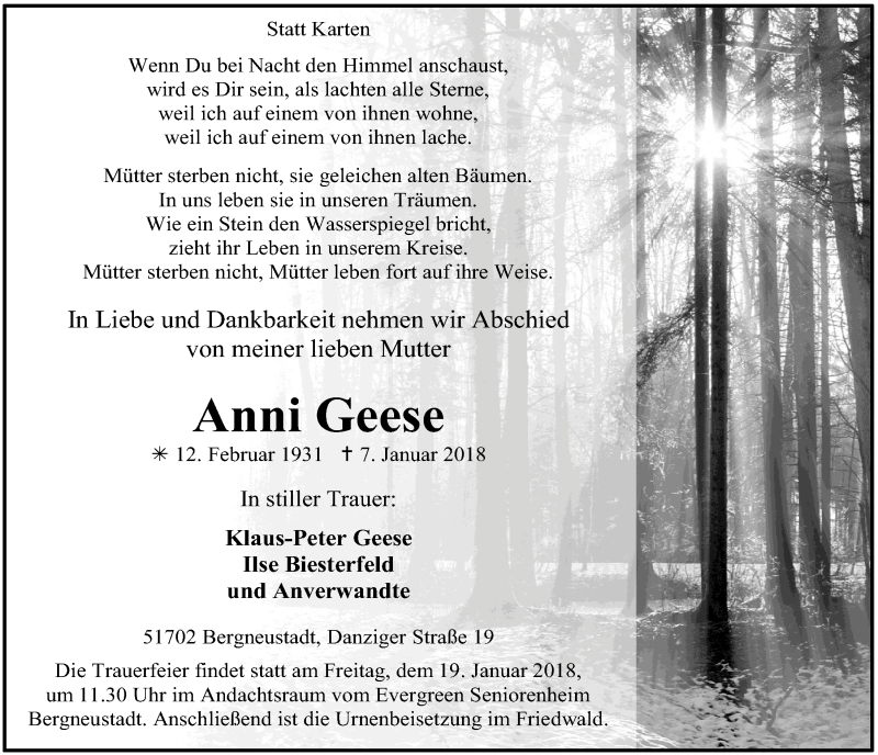  Traueranzeige für Anni Geese vom 17.01.2018 aus  Anzeigen Echo 