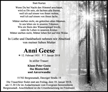 Anzeige von Anni Geese von Kölner Stadt-Anzeiger / Kölnische Rundschau / Express