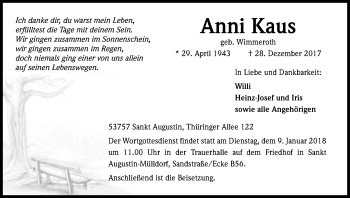 Anzeige von Anni Kaus von Kölner Stadt-Anzeiger / Kölnische Rundschau / Express