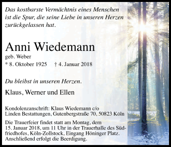 Anzeige von Anni Wiedemann von Kölner Stadt-Anzeiger / Kölnische Rundschau / Express