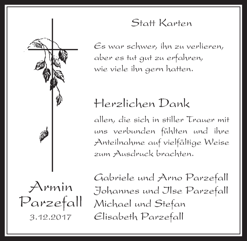 Traueranzeige für Armin Parzefall vom 17.01.2018 aus  Wochenende 