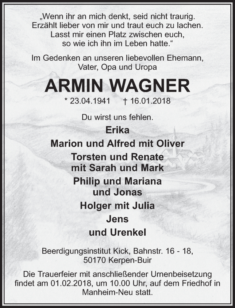 Traueranzeige für Armin Wagner vom 27.01.2018 aus  Sonntags-Post 