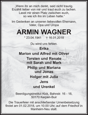 Anzeige von Armin Wagner von  Sonntags-Post 