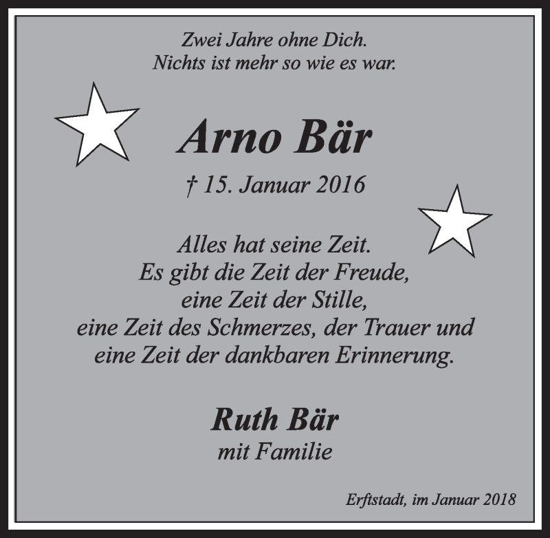  Traueranzeige für Arno Bär vom 17.01.2018 aus  Wochenende 