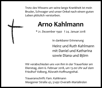 Anzeige von Arno Kahlmann von Kölner Stadt-Anzeiger / Kölnische Rundschau / Express