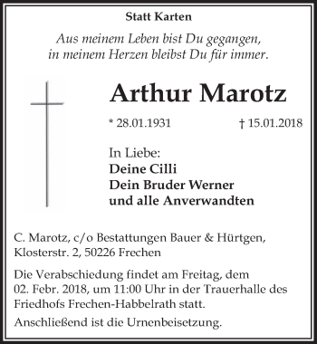 Anzeige von Arthur Marotz von  Sonntags-Post 