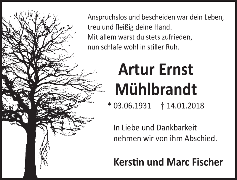  Traueranzeige für Artur Ernst Mühlbrandt vom 24.01.2018 aus  Schlossbote/Werbekurier 