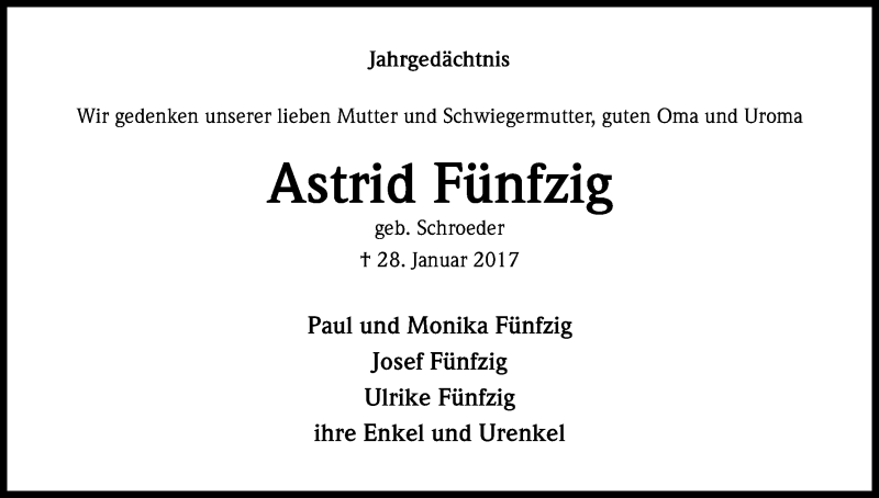  Traueranzeige für Astrid Fünfzig vom 27.01.2018 aus Kölner Stadt-Anzeiger / Kölnische Rundschau / Express