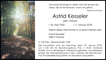 Anzeige von Astrid Kesseler von Kölner Stadt-Anzeiger / Kölnische Rundschau / Express