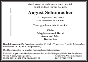 Anzeige von August Schumacher von  Sonntags-Post 