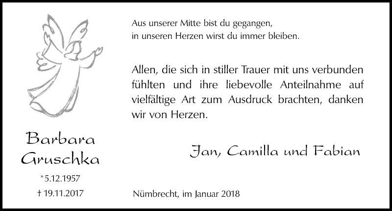  Traueranzeige für Barbara Gruschka vom 24.01.2018 aus  Anzeigen Echo  Lokalanzeiger 