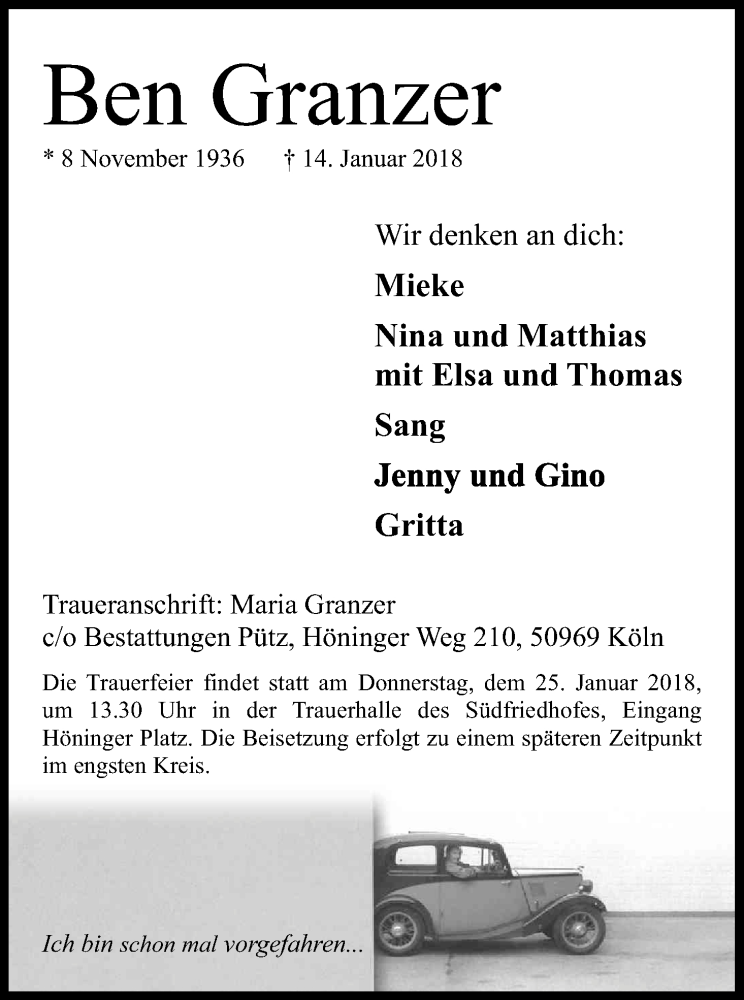 Traueranzeige für Ben Granzer vom 20.01.2018 aus Kölner Stadt-Anzeiger / Kölnische Rundschau / Express