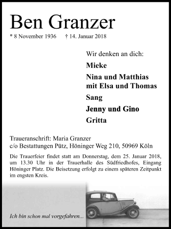 Anzeige von Ben Granzer von Kölner Stadt-Anzeiger / Kölnische Rundschau / Express