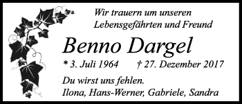 Anzeige von Benno Dargel von Kölner Stadt-Anzeiger / Kölnische Rundschau / Express