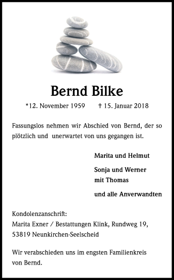Anzeige von Bernd Bilke von Kölner Stadt-Anzeiger / Kölnische Rundschau / Express