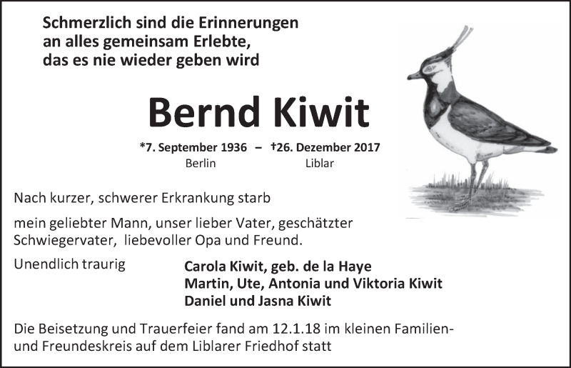  Traueranzeige für Bernd Kiwit vom 24.01.2018 aus  Werbepost 