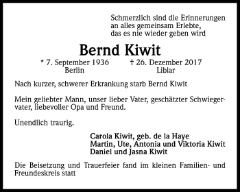 Anzeige von Bernd Kiwit von Kölner Stadt-Anzeiger / Kölnische Rundschau / Express
