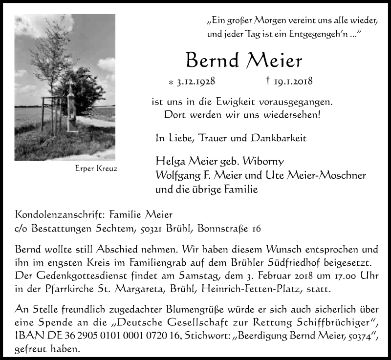  Traueranzeige für Bernd Meier vom 27.01.2018 aus Kölner Stadt-Anzeiger / Kölnische Rundschau / Express