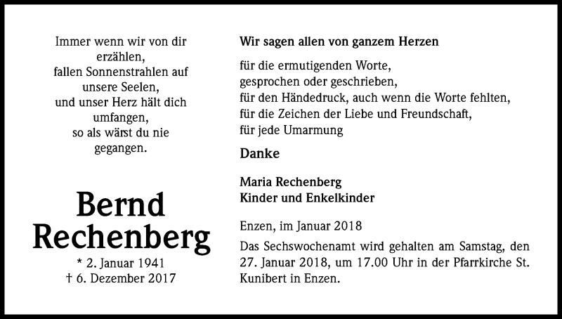  Traueranzeige für Bernd Rechenberg vom 20.01.2018 aus Kölner Stadt-Anzeiger / Kölnische Rundschau / Express