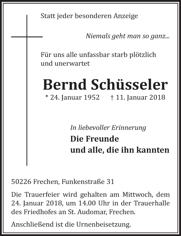  Traueranzeige für Bernd Schüsseler vom 20.01.2018 aus  Sonntags-Post 