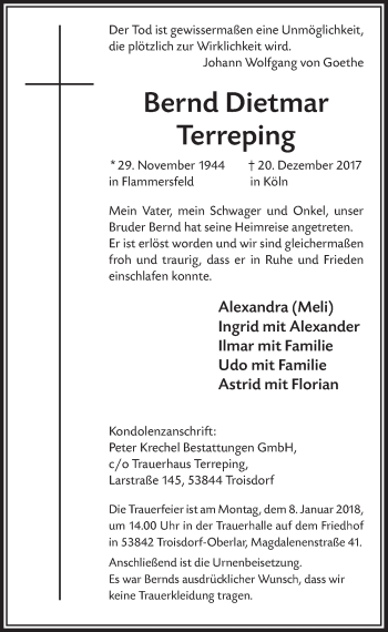 Anzeige von Bernd Dietmar Terreping von  Bergisches Handelsblatt 