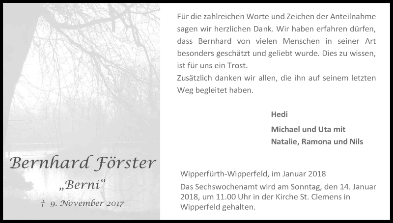  Traueranzeige für Bernhard Förster vom 06.01.2018 aus Kölner Stadt-Anzeiger / Kölnische Rundschau / Express
