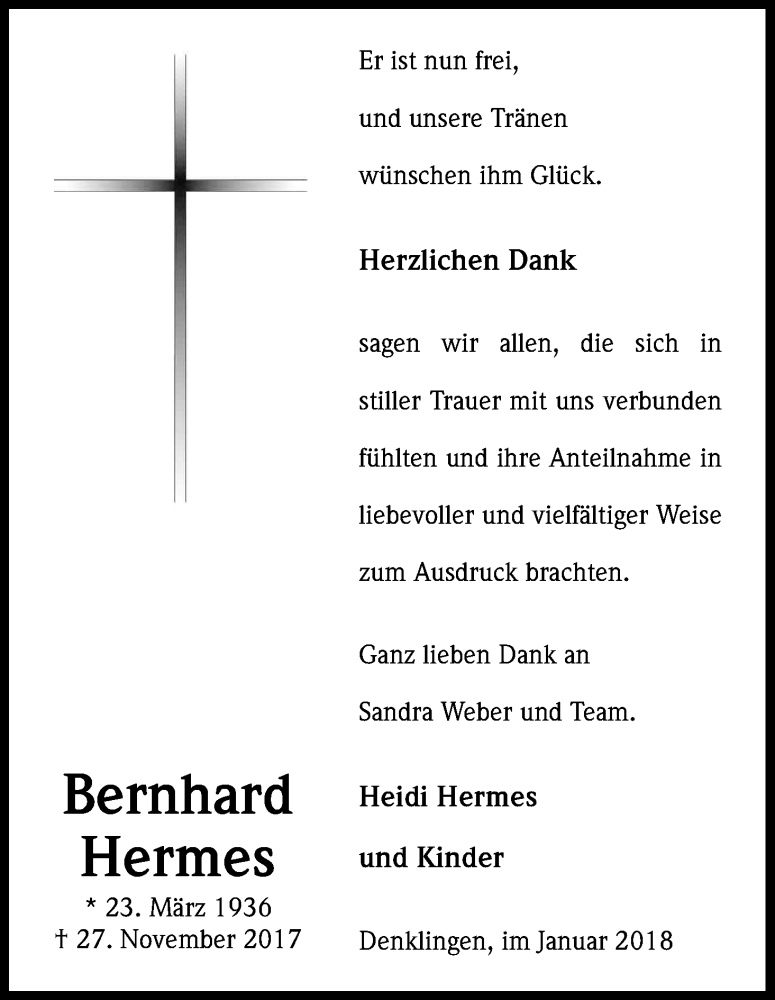  Traueranzeige für Bernhard Hermes vom 10.01.2018 aus Kölner Stadt-Anzeiger / Kölnische Rundschau / Express