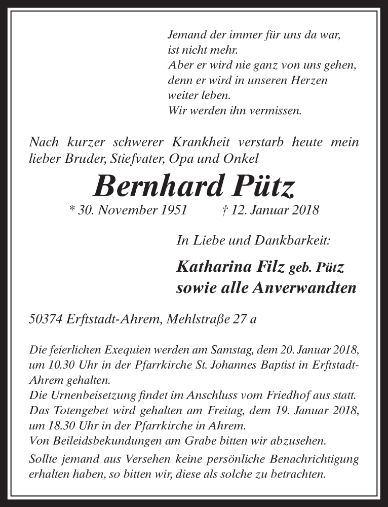  Traueranzeige für Bernhard Pütz vom 17.01.2018 aus  Werbepost 