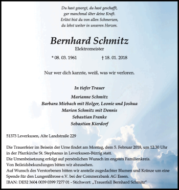 Anzeige von Bernhard Schmitz von Kölner Stadt-Anzeiger / Kölnische Rundschau / Express