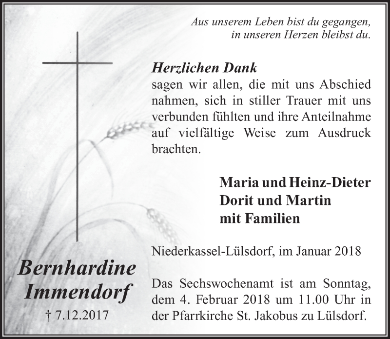  Traueranzeige für Bernhardine Immendorf vom 03.01.2018 aus  Extra Blatt 