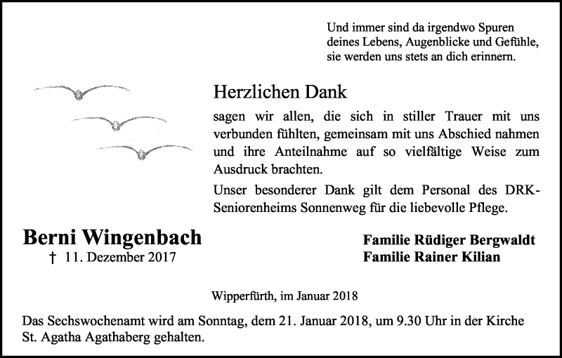  Traueranzeige für Berni Wingenbach vom 13.01.2018 aus Kölner Stadt-Anzeiger / Kölnische Rundschau / Express