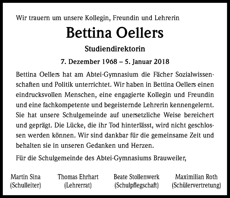  Traueranzeige für Bettina Oellers vom 12.01.2018 aus Kölner Stadt-Anzeiger / Kölnische Rundschau / Express