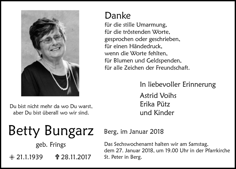  Traueranzeige für Betty Bungarz vom 13.01.2018 aus  Blickpunkt Euskirchen 