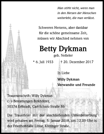 Anzeige von Betty Dykman von Kölner Stadt-Anzeiger / Kölnische Rundschau / Express