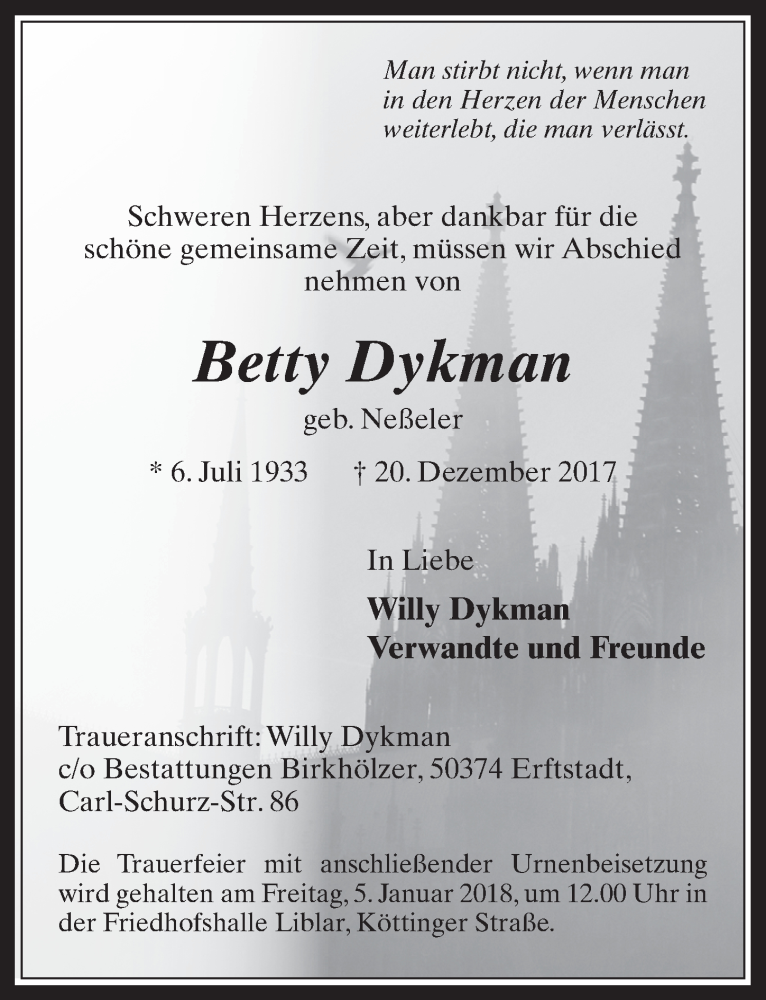  Traueranzeige für Betty Dykman vom 03.01.2018 aus  Werbepost 