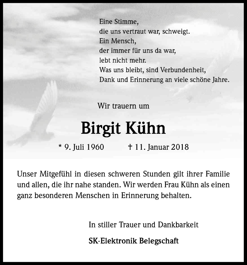  Traueranzeige für Birgit Kühn vom 20.01.2018 aus Kölner Stadt-Anzeiger / Kölnische Rundschau / Express