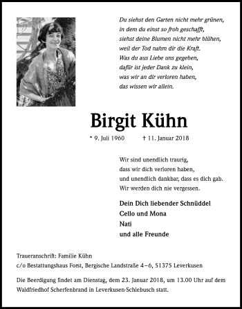 Anzeige von Birgit Kühn von Kölner Stadt-Anzeiger / Kölnische Rundschau / Express