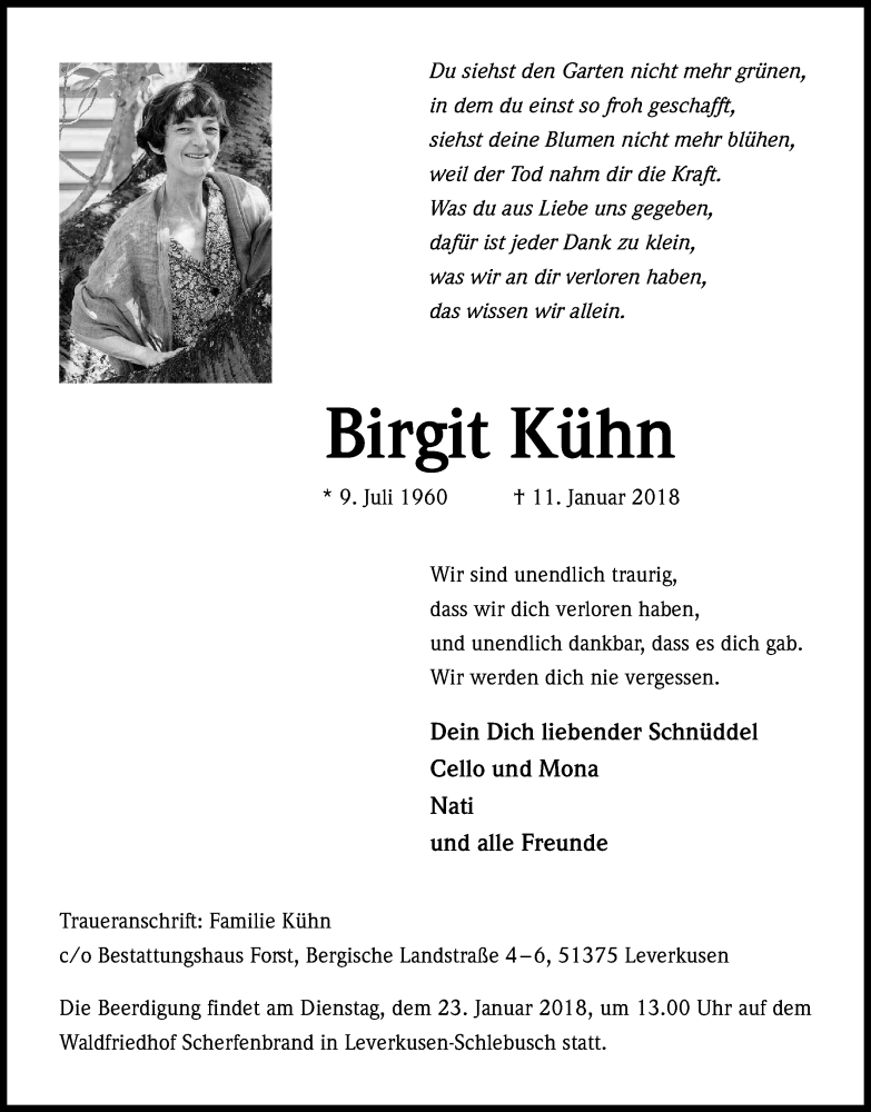  Traueranzeige für Birgit Kühn vom 20.01.2018 aus Kölner Stadt-Anzeiger / Kölnische Rundschau / Express