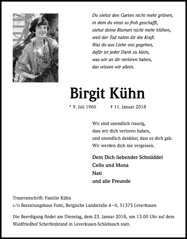  Traueranzeige für Birgit Kühn vom 18.01.2018 aus Kölner Stadt-Anzeiger / Kölnische Rundschau / Express