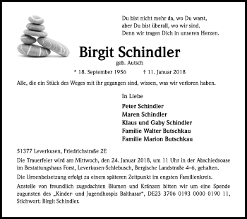 Anzeige von Birgit Schindler von Kölner Stadt-Anzeiger / Kölnische Rundschau / Express