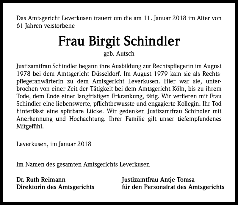 Traueranzeige für Birgit Schindler vom 20.01.2018 aus Kölner Stadt-Anzeiger / Kölnische Rundschau / Express