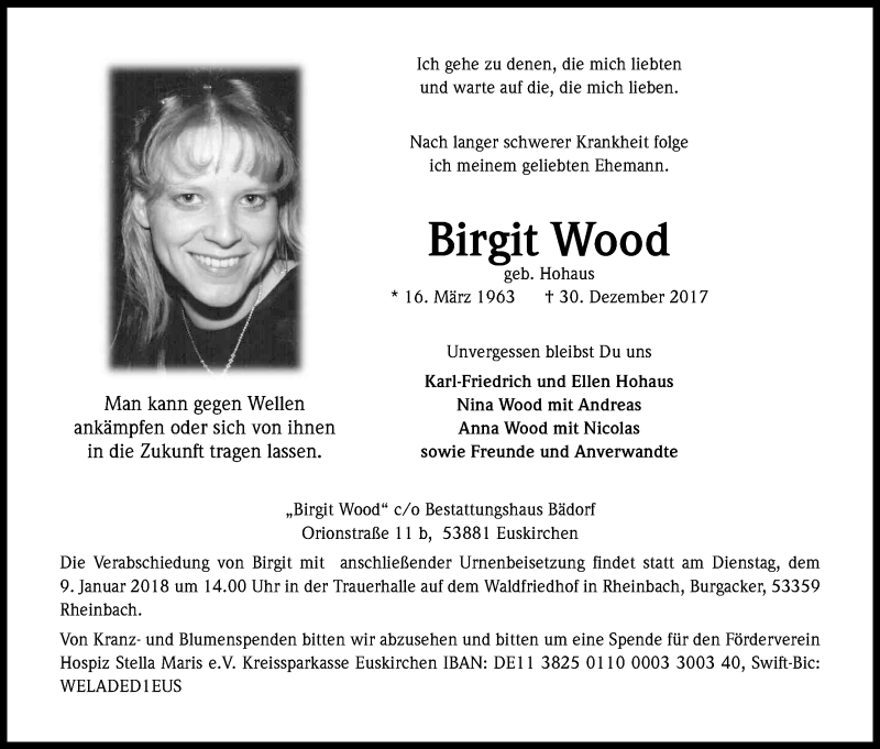  Traueranzeige für Birgit Wood vom 06.01.2018 aus Kölner Stadt-Anzeiger / Kölnische Rundschau / Express