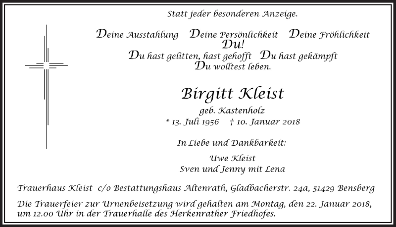  Traueranzeige für Birgitt Kleist vom 17.01.2018 aus  Bergisches Handelsblatt 