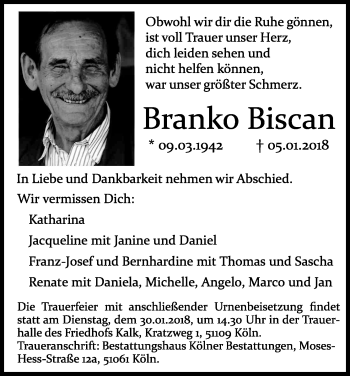 Anzeige von Branko Biscan von Kölner Stadt-Anzeiger / Kölnische Rundschau / Express