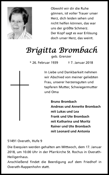 Anzeige von Brigitta Brombach von Kölner Stadt-Anzeiger / Kölnische Rundschau / Express