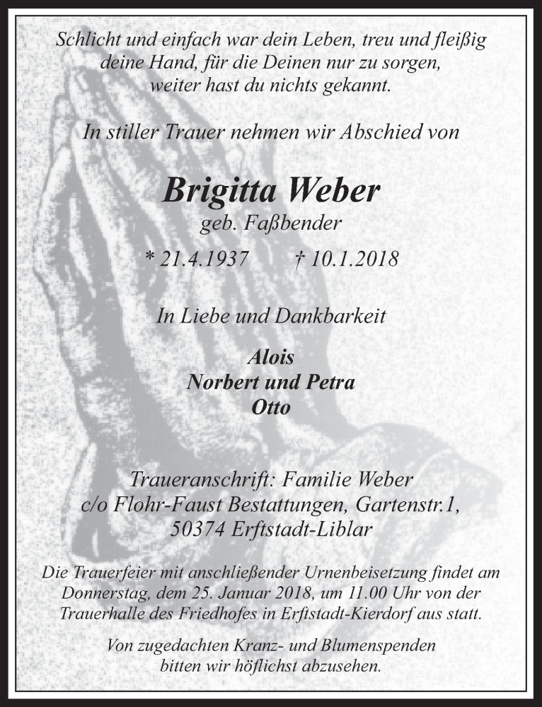  Traueranzeige für Brigitta Weber vom 17.01.2018 aus  Wochenende  Werbepost 
