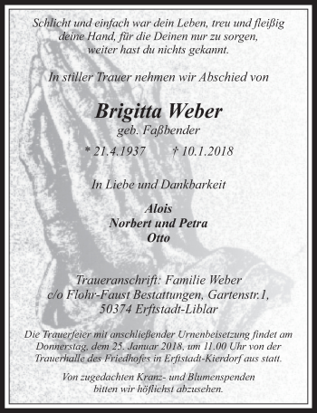Anzeige von Brigitta Weber von  Wochenende  Werbepost 